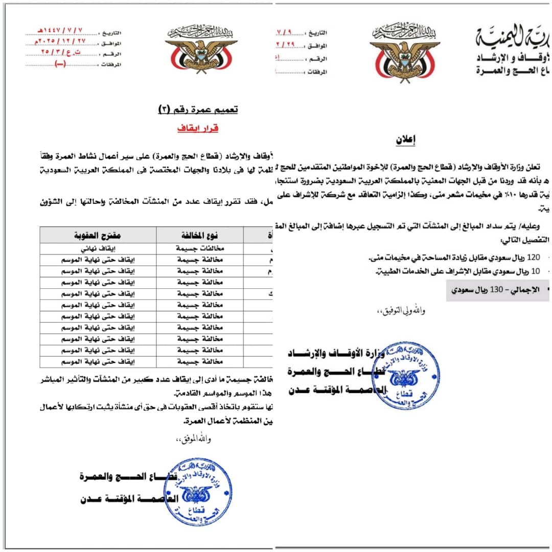 الأوقاف تقرر إيقاف 10 وكالات تفويج وزيادة 130 ريالاً سعودياً لتكاليف الحج